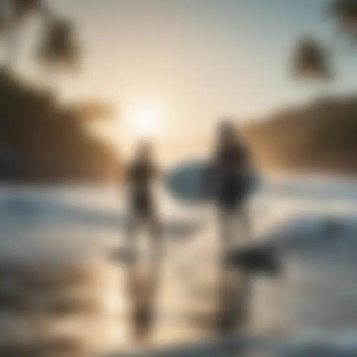 A serene beach backdrop featuring surfers enjoying electric hydro surfboards