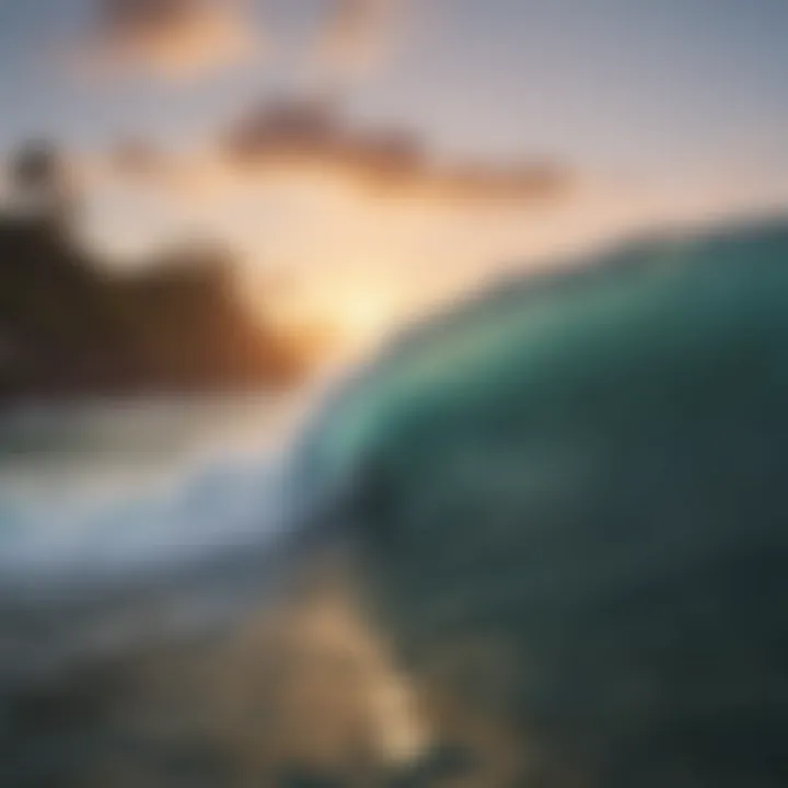 A surfer expertly navigating a powerful reef break during sunrise.