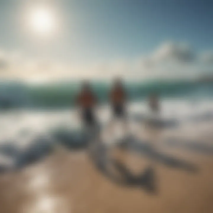 A group of surfers sharing stories and experiences by the beach after a session.