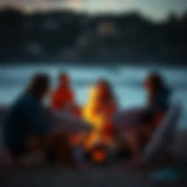 Community Spirit Among Surfers Surfers sharing stories around a bonfire, embodying community spirit