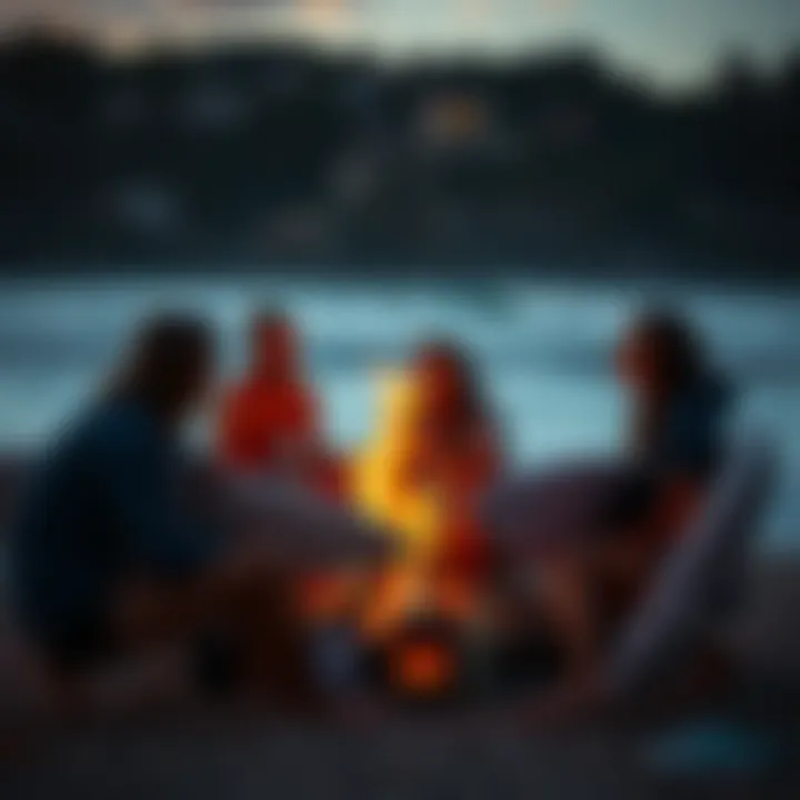 Community Spirit Among Surfers Surfers sharing stories around a bonfire, embodying community spirit