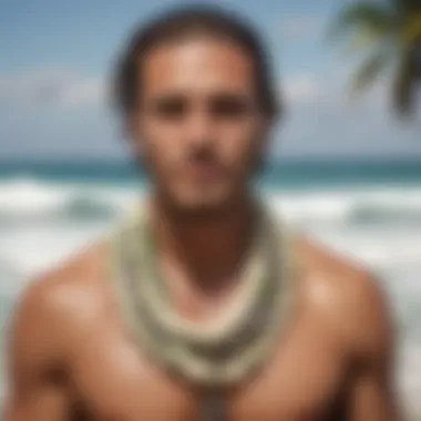 Surfers Adorning Lei Necklaces Surfers wearing lei necklaces at the beach