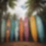 A vibrant display of used surfboards against a picturesque Hawaiian backdrop