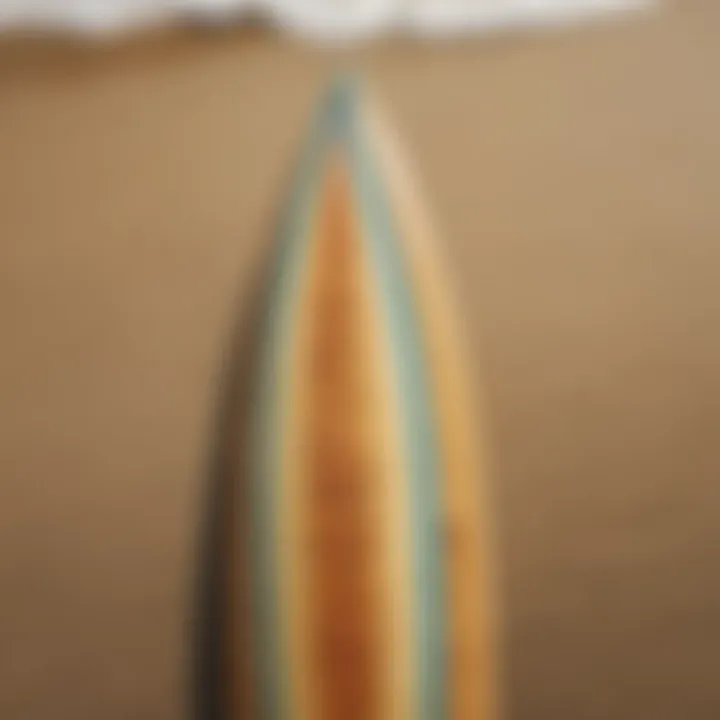 Close-up of a beautifully crafted, vintage surfboard showcasing its unique design