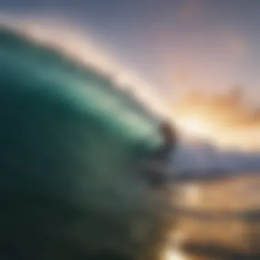 A surfer riding a wave during sunset, highlighting the connection between the sport and the natural ocean environment.