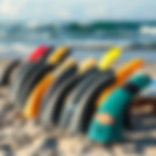 Diverse Water Fins on Display A variety of water fins for surfboards displayed on a sandy beach