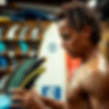 Choosing the Right Surfboard Fins A surfer selecting fins at a gear shop, examining different options