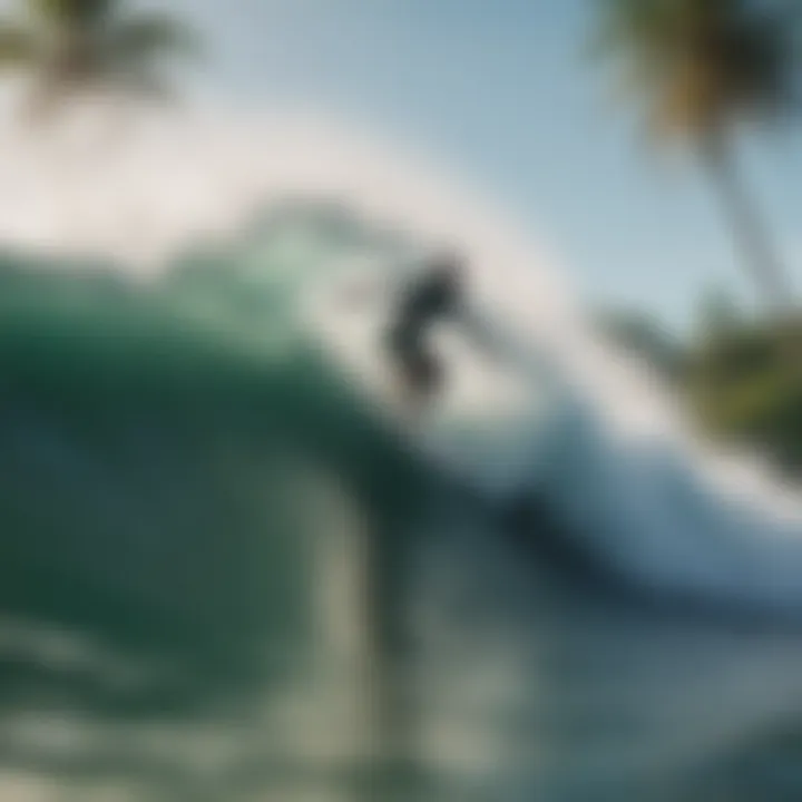 Surfers riding powerful waves against a backdrop of lush greenery