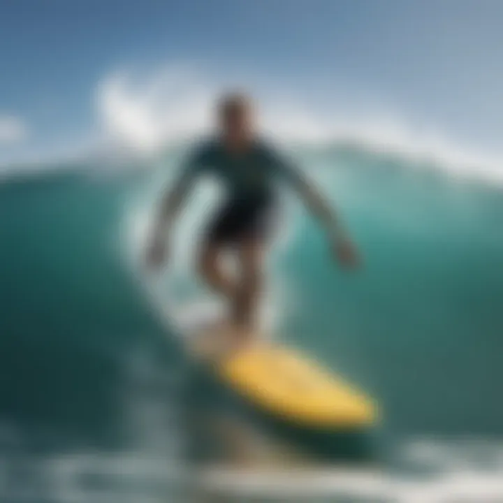 Surfer riding a Surftech longboard in a vibrant ocean setting