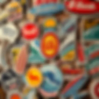 A collection of vintage surf stickers from renowned brands