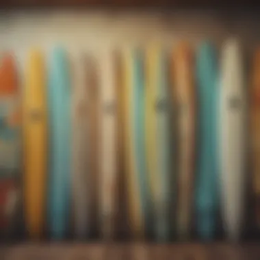 Display of various vintage surfboards in a gallery