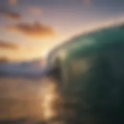 A breathtaking view of a surfer riding a massive wave at sunset.