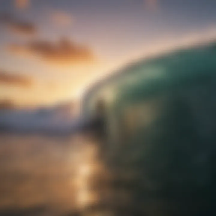 A breathtaking view of a surfer riding a massive wave at sunset.