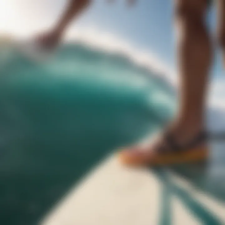 A close-up of a surfer's foot on a surfboard, highlighting the relationship between the rider and their gear.