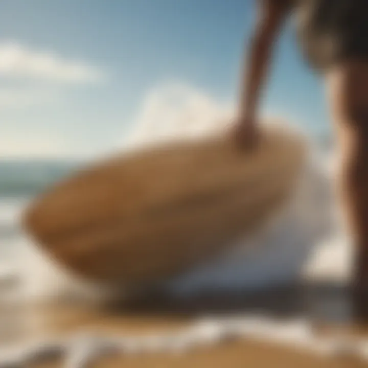 Beautifully crafted wood skimboard on the beach