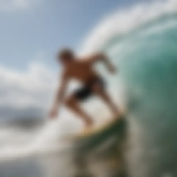 Skimboarder riding a wave with a wood skimboard