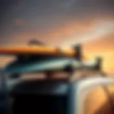 Thule surfboard straps securing a surfboard on a vehicle roof