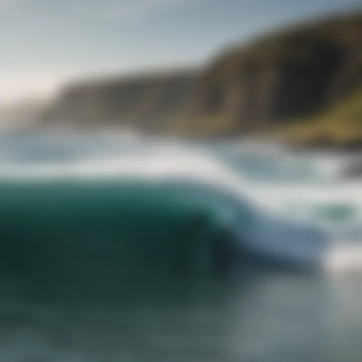 A breathtaking view of Thurso's coastline with surfers catching waves