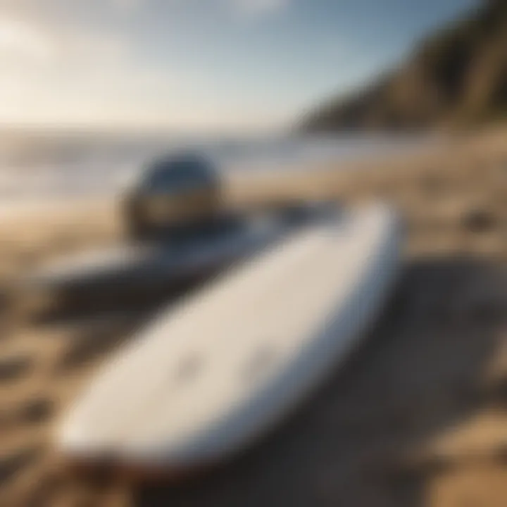 Close-up of essential surfing gear laid out on the beach