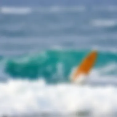 Dynamic twin fin surfboard cutting through waves