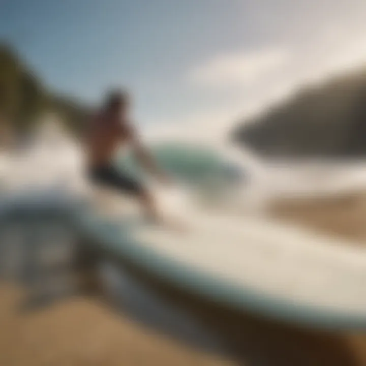 A serene beach scene with surfers enjoying their time on used almond surfboards