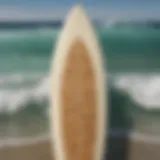 A pristine used almond surfboard showcasing unique design elements