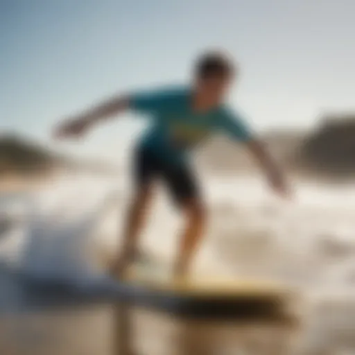 A youth demonstrating advanced skim boarding techniques on a sunny beach.