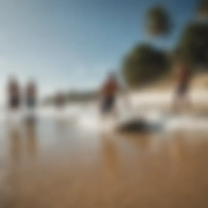 A group of young enthusiasts enjoying a skim boarding session together.