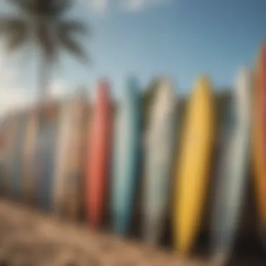 Close-up of surfboards lined up on the beach, showcasing vibrant colors