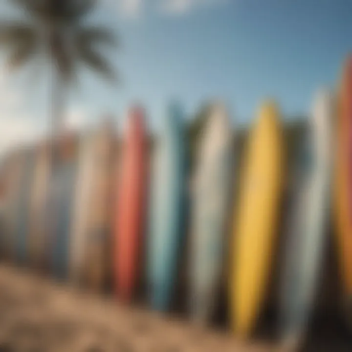 Close-up of surfboards lined up on the beach, showcasing vibrant colors