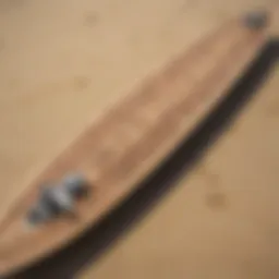 A close-up view of an extra long longboard showcasing its intricate design and craftsmanship.