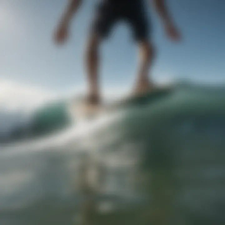An action shot of a rider gliding effortlessly on a flatland skimboard over smooth water.