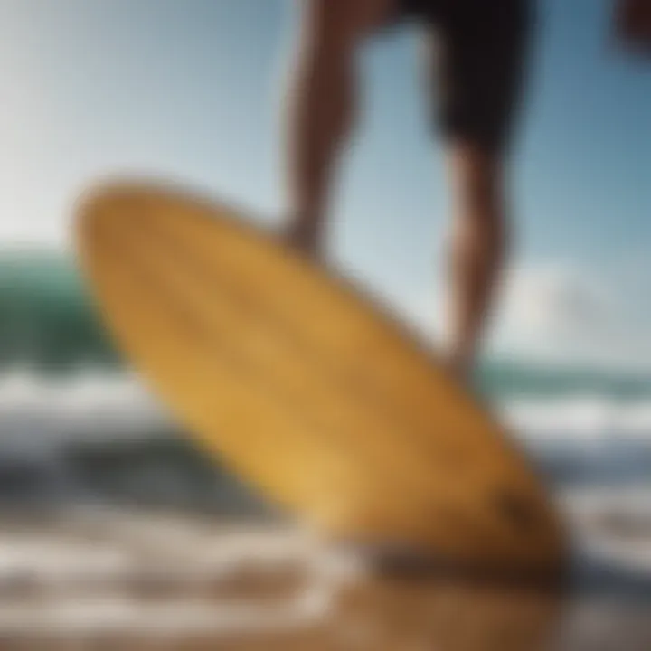 A detailed view of the underside of a skimboard, emphasizing its construction and materials.