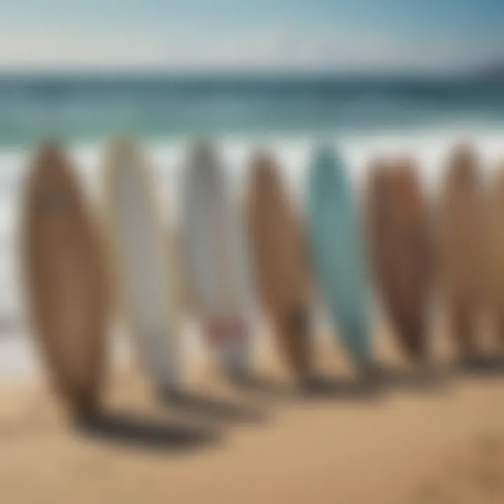 A variety of flatland skimboards displayed side by side, highlighting different shapes and sizes.