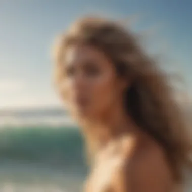 A vibrant beach scene with tousled hair blowing in the wind