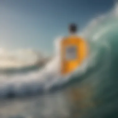 An ocean wave crashing with a backdrop of cologne bottles