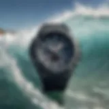 A close-up view of a G-Shock tide watch displaying tide data