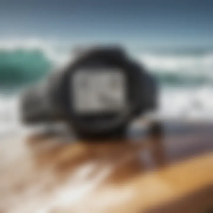 Close-up of a Garmin watch with surfboard