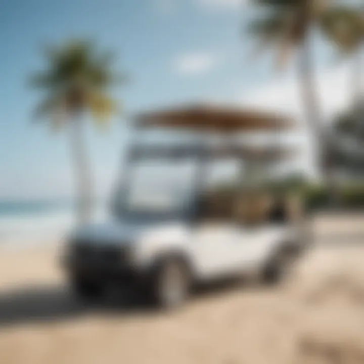 Custom golf cart with surfboard rack on a beach