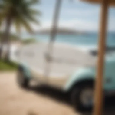 Detail of a surfboard securely attached to a golf cart