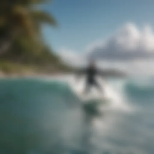 Scenic view of Guanico beach with surfers riding waves