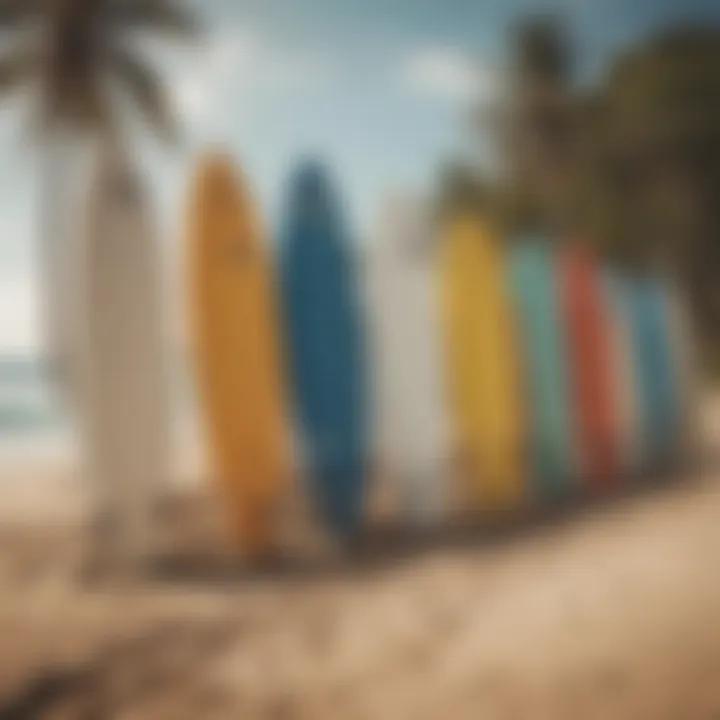 Surfboards lined up on the sandy beach