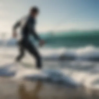 A surfer casting a fishing line into the ocean