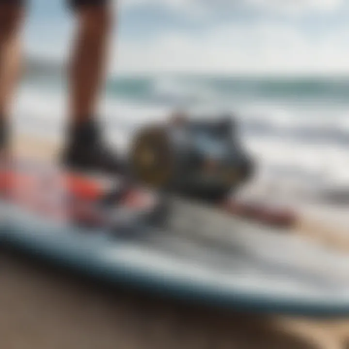 Close-up of kiteboarding equipment set up on the shore