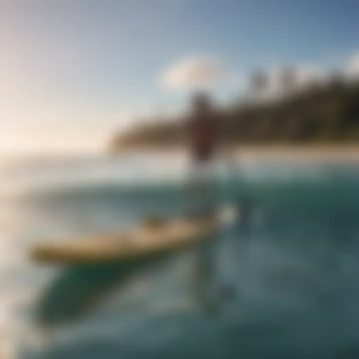 A paddle board with a sail attachment on a calm water surface