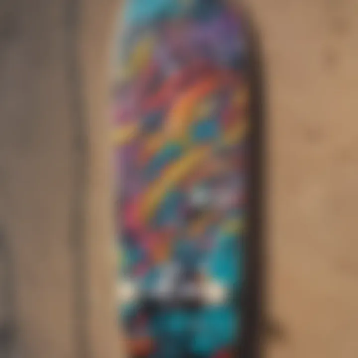 A vibrant skateboard deck adorned with artistic graffiti, representing personal style.