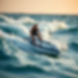 A dynamic shot showcasing a jet powered surfboard cutting through ocean waves