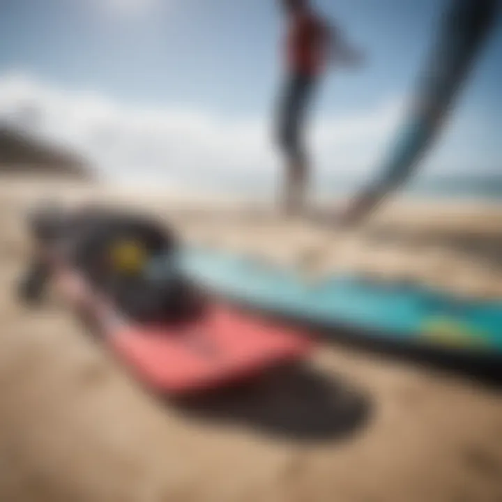 A close-up of essential kite surfing equipment laid out on the beach, highlighting the gear's intricacies.