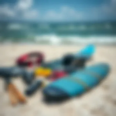 Kite surfing gear laid out on the beach