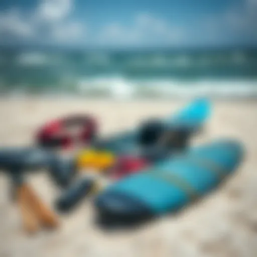 Kite surfing gear laid out on the beach
